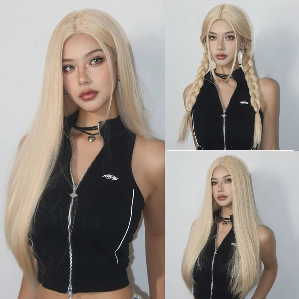Light Blonde Golden Hair Long Silky Straight Synthetic Wig