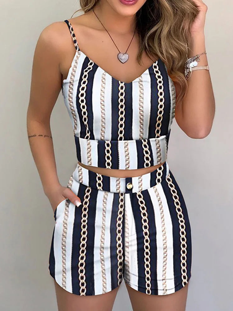 Women Fashion Summer Two Piece Set Sleeveless Floral Vest Shirts + Short