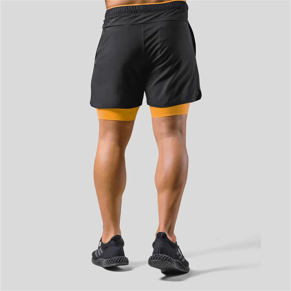 2 in 1 Running Sports Shorts Men Jogging Sportswear Gym Fitness Bodybuilding Quick Dry Pants Male Summer Training Beach Bottoms