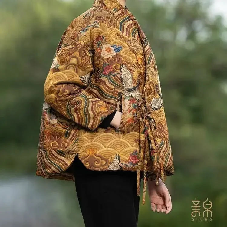 Crane Print Chinese Tangsuit Coat Women Parkas Warm Winter Hanfu Top Irregular Collar Elegant Cloak Ethnic Padded Cheongsam Tops