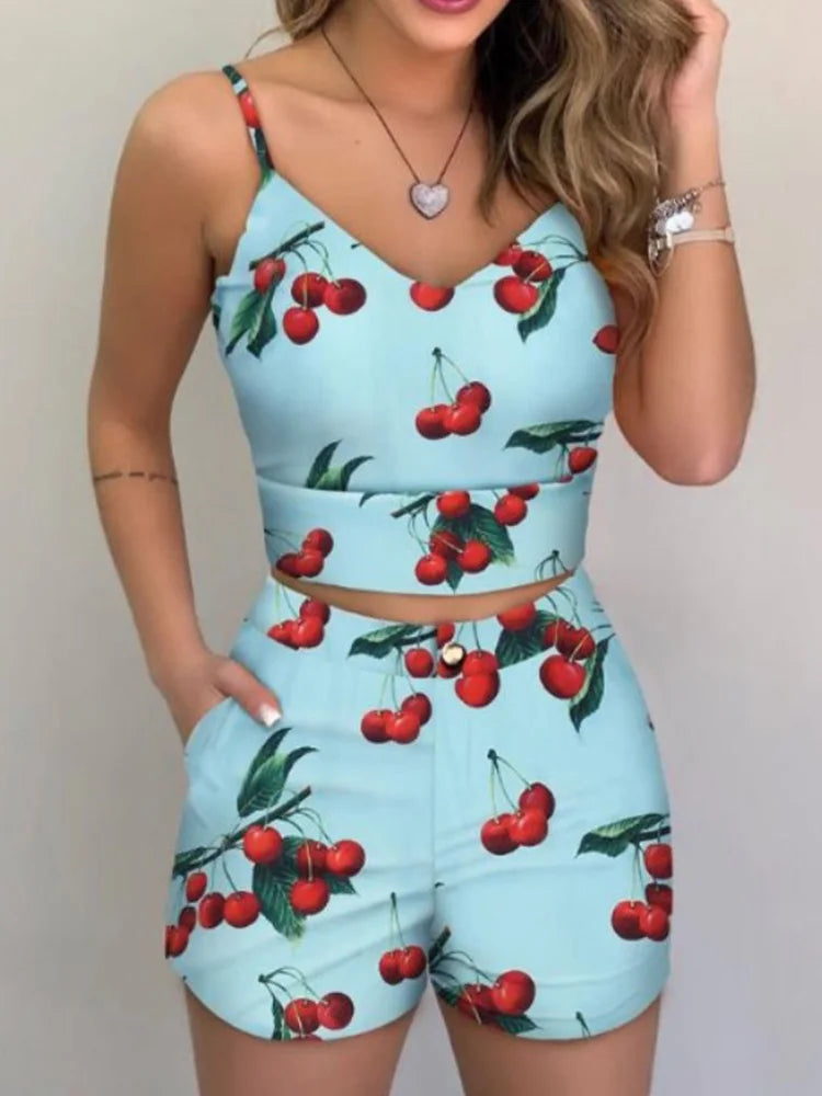 Women Fashion Summer Two Piece Set Sleeveless Floral Vest Shirts + Short