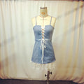 Irregular Cowboy Style Lace Hem  Up Dress Sexy Slim Sleeveless Spliced Denim  Fashion Suspender Hollow Out Short