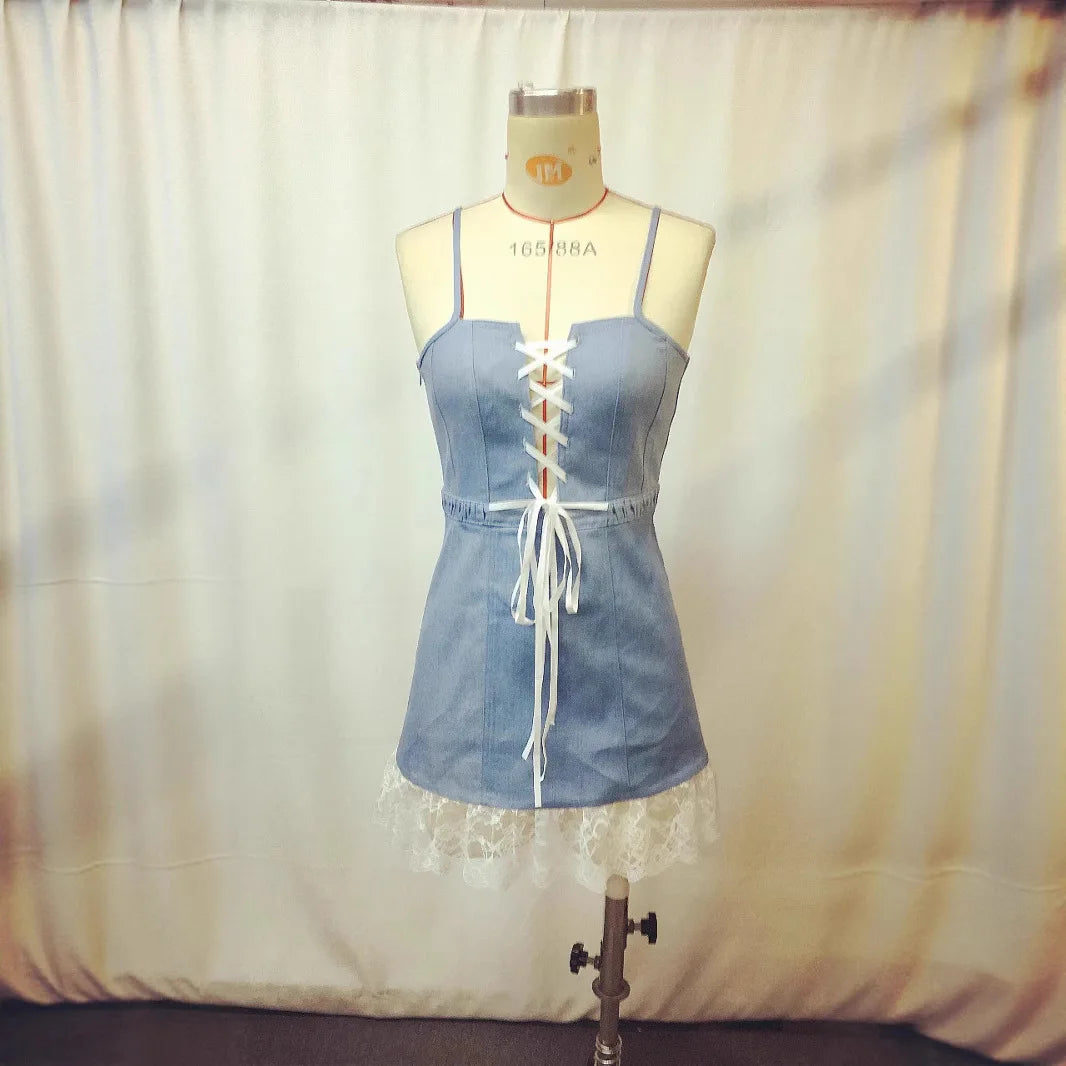 Irregular Cowboy Style Lace Hem  Up Dress Sexy Slim Sleeveless Spliced Denim  Fashion Suspender Hollow Out Short