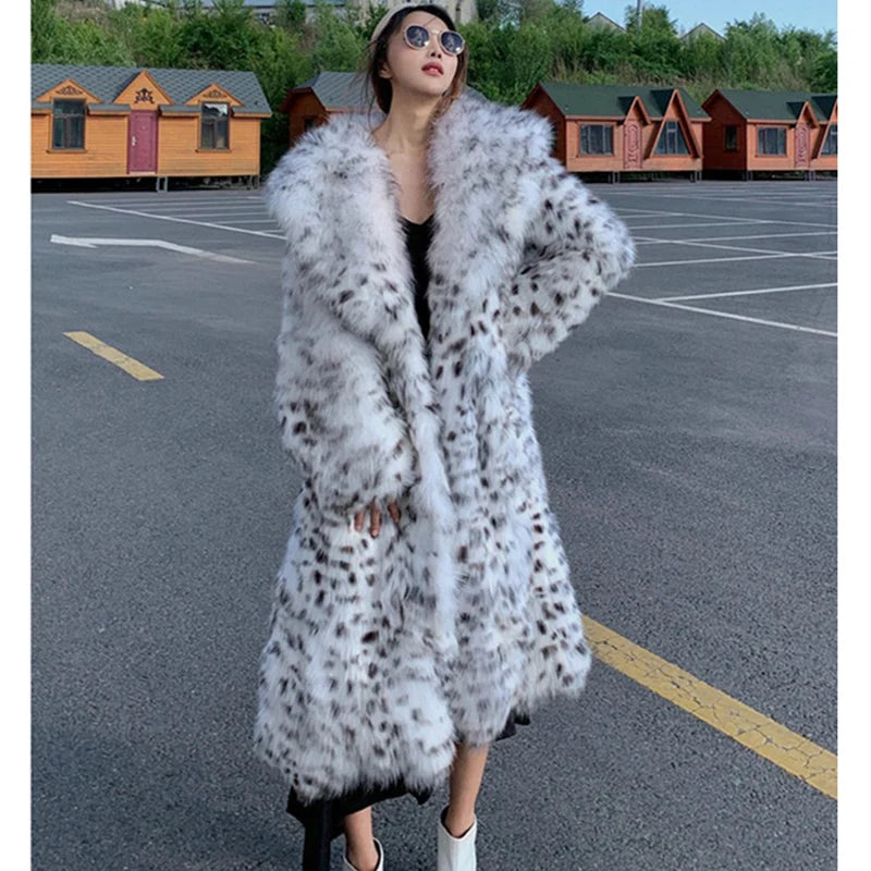 Women's winter imitation fox fur young leopard-print fur coat long