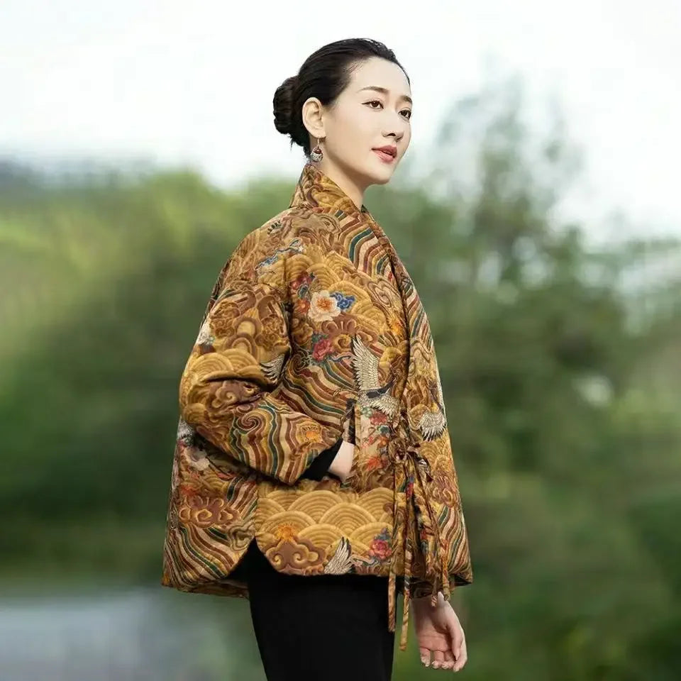 Crane Print Chinese Tangsuit Coat Women Parkas Warm Winter Hanfu Top Irregular Collar Elegant Cloak Ethnic Padded Cheongsam Tops