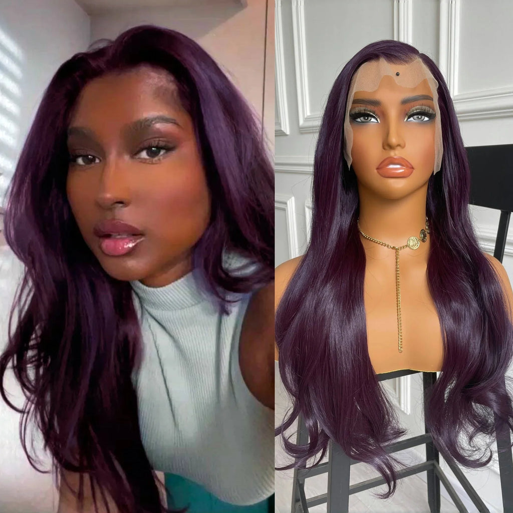 Dark Purple Wig Synthetic Hair Natural Wavy Lace Front Wig