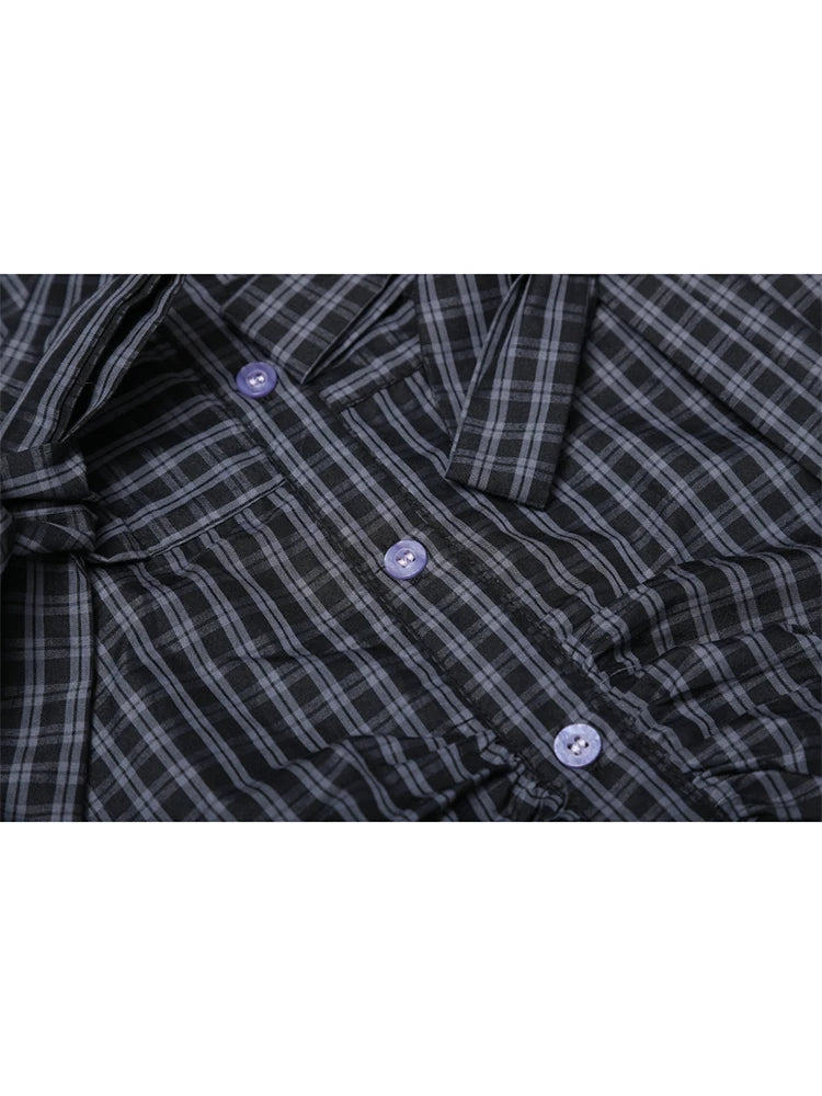 Women's Plaid Shirts and Blouses Y2k Vintage 90s Aesthetic Harajuku 2000s Elegant Long Sleeve Bow Shirt Top Clothes 2024 Summer