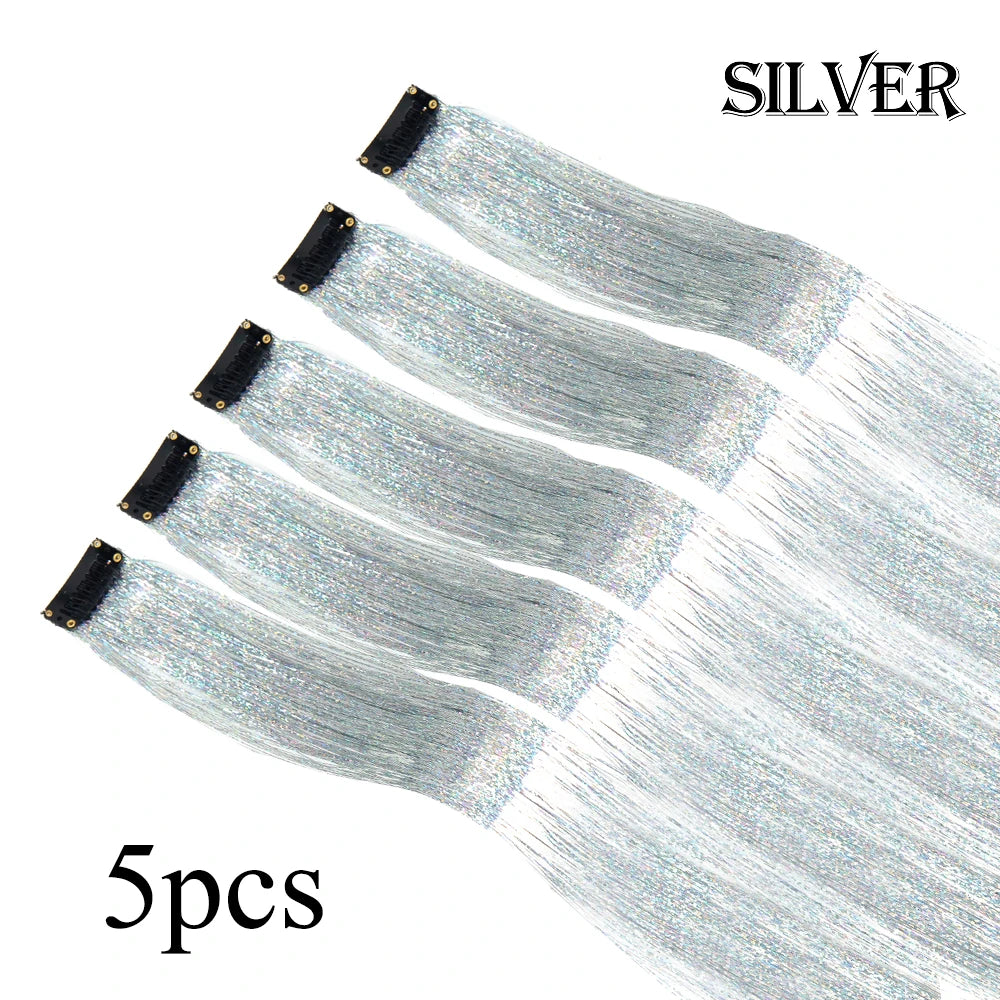 Silver Blue Rainbow Colored Hair Tinsel Clip In 19.5 Inch Fairy Hair Clip In Hair Tinsel Glitter Hair Extensions 5Pcs For Women