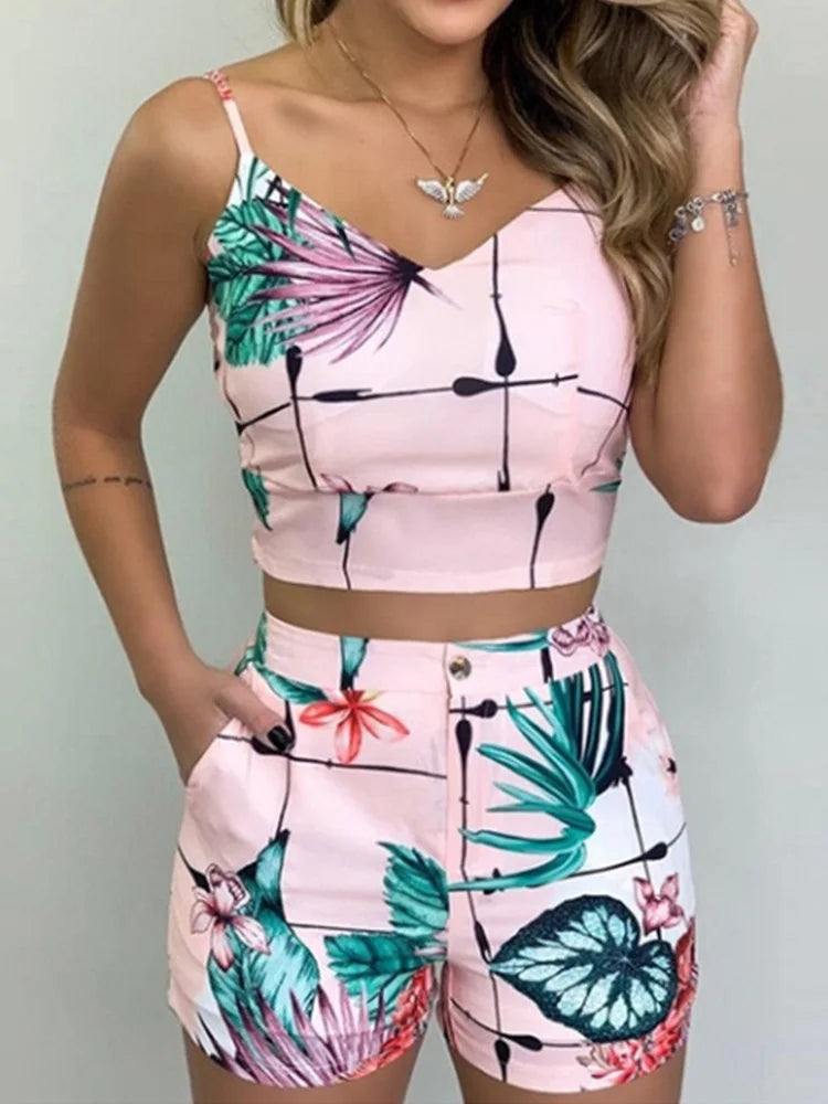 Women Fashion Summer Two Piece Set Sleeveless Floral Vest Shirts + Short