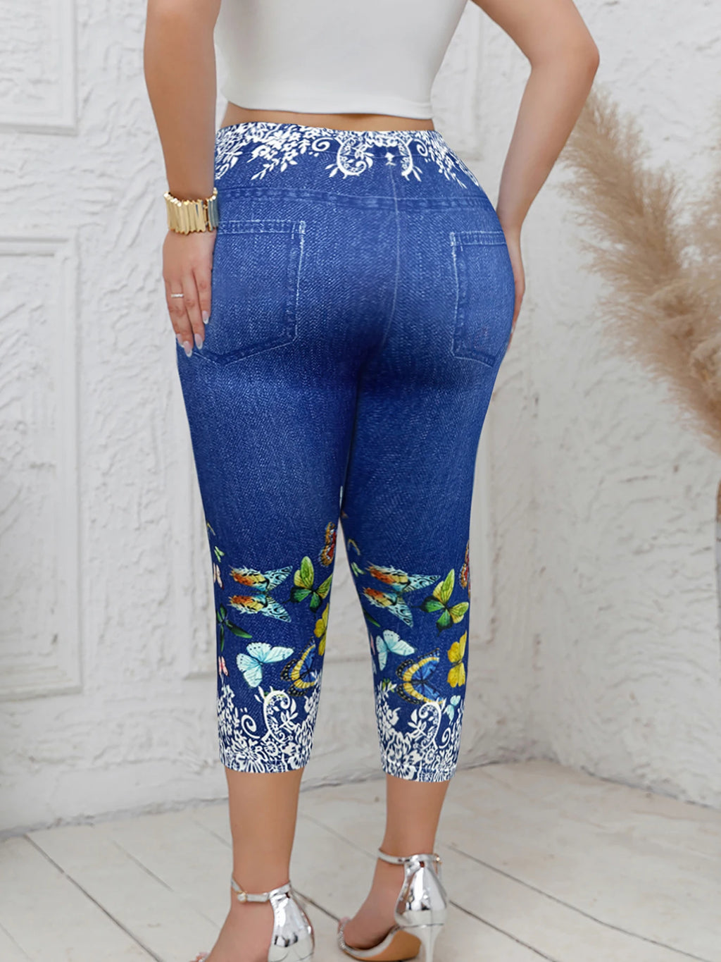 Plus Size Women's Capri Leggings with Butterfly Pattern Denim