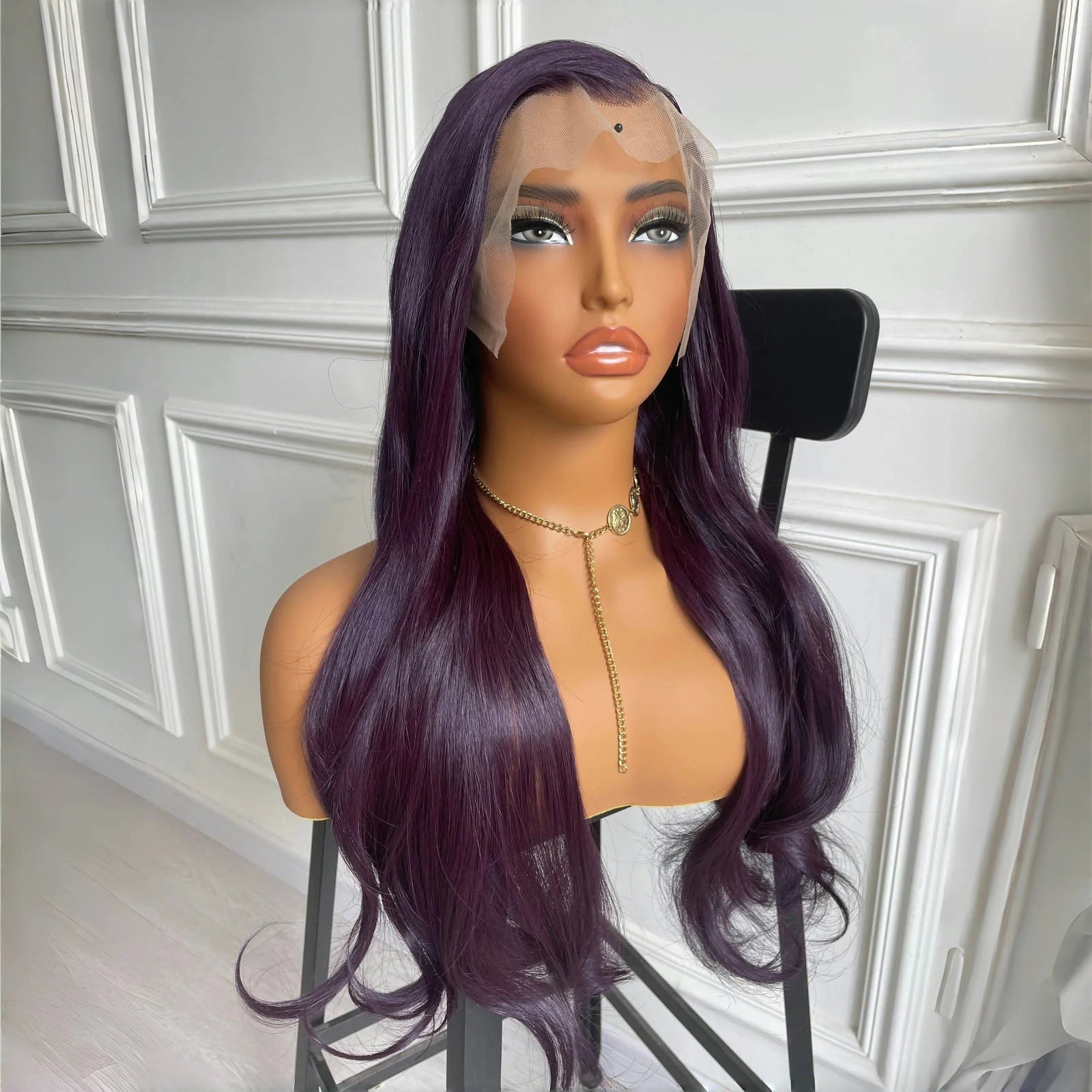 Dark Purple Wig Synthetic Hair Natural Wavy Lace Front Wig