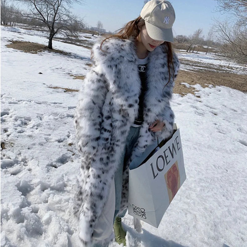 Women's winter imitation fox fur young leopard-print fur coat long