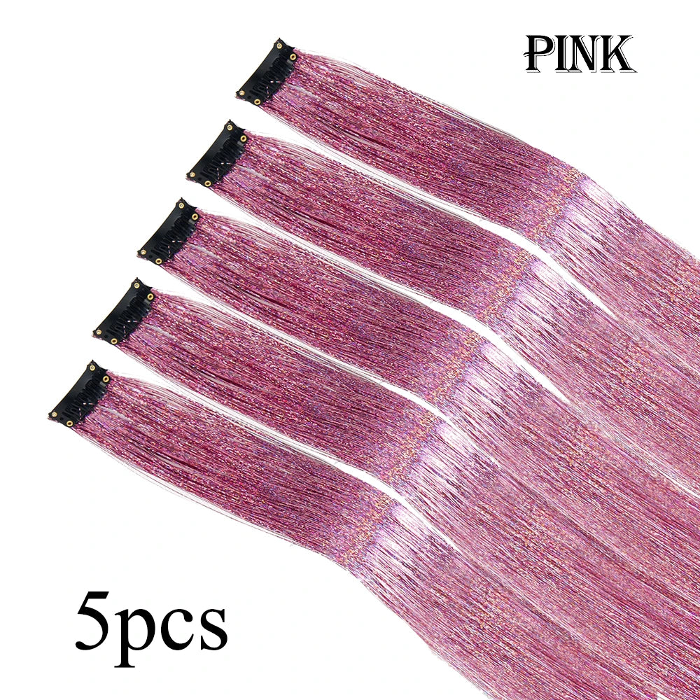 Silver Blue Rainbow Colored Hair Tinsel Clip In 19.5 Inch Fairy Hair Clip In Hair Tinsel Glitter Hair Extensions 5Pcs For Women