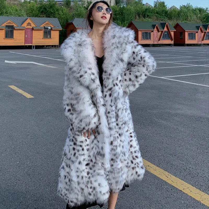 Women's winter imitation fox fur young leopard-print fur coat long