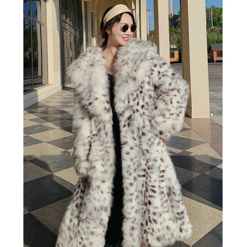 Women's winter imitation fox fur young leopard-print fur coat long