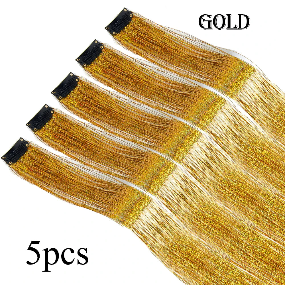 Silver Blue Rainbow Colored Hair Tinsel Clip In 19.5 Inch Fairy Hair Clip In Hair Tinsel Glitter Hair Extensions 5Pcs For Women