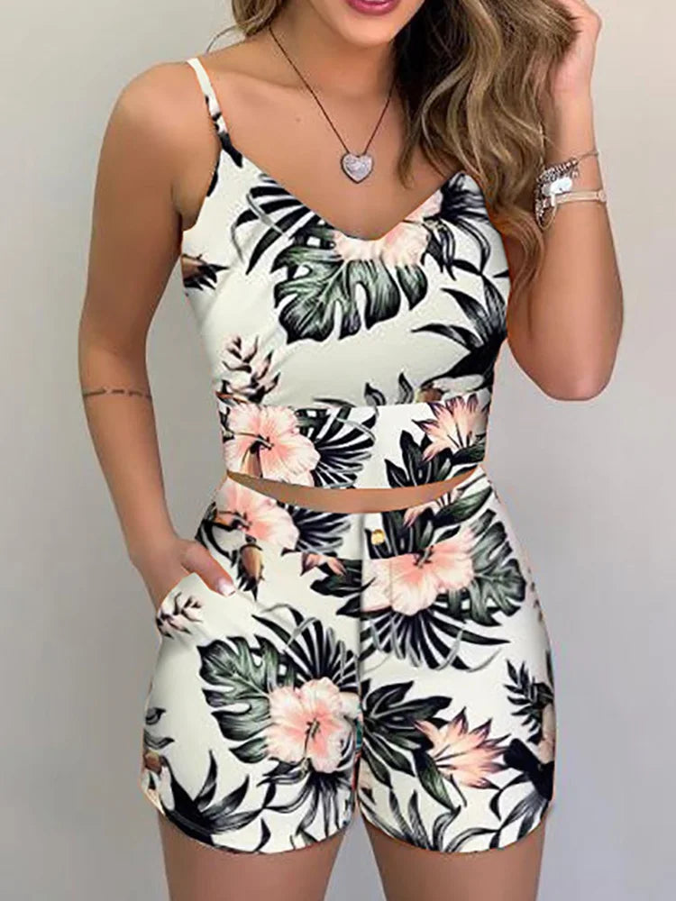 Women Fashion Summer Two Piece Set Sleeveless Floral Vest Shirts + Short