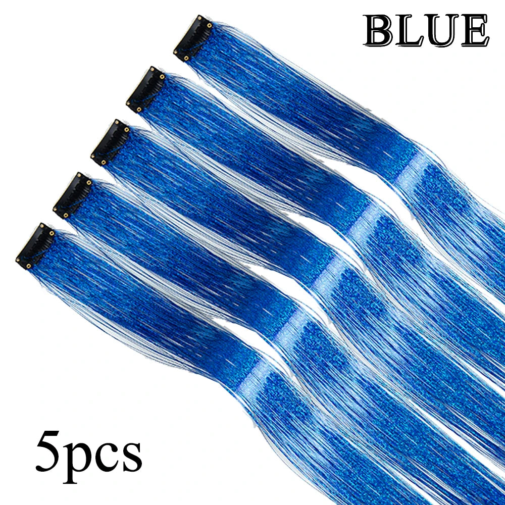 Silver Blue Rainbow Colored Hair Tinsel Clip In 19.5 Inch Fairy Hair Clip In Hair Tinsel Glitter Hair Extensions 5Pcs For Women