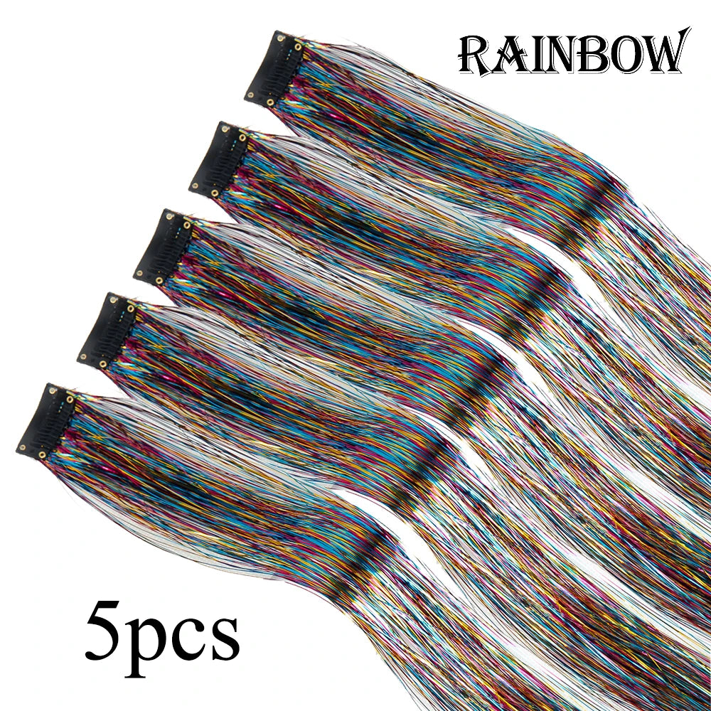Silver Blue Rainbow Colored Hair Tinsel Clip In 19.5 Inch Fairy Hair Clip In Hair Tinsel Glitter Hair Extensions 5Pcs For Women