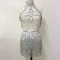 Women PU Leather Harness 2 Piece Set Sexy Hollow Out Metal Chest Chain With Tassel Sequins Mini Skirt Gothic Party Club Outfits