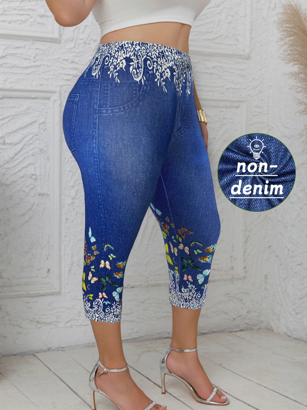 Plus Size Women's Capri Leggings with Butterfly Pattern Denim