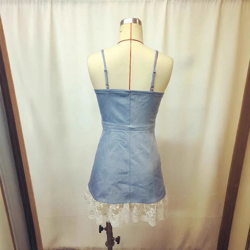 Irregular Cowboy Style Lace Hem  Up Dress Sexy Slim Sleeveless Spliced Denim  Fashion Suspender Hollow Out Short