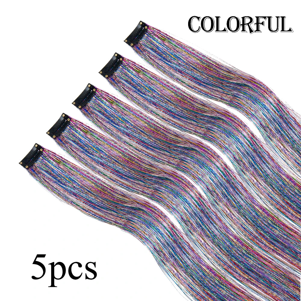 Silver Blue Rainbow Colored Hair Tinsel Clip In 19.5 Inch Fairy Hair Clip In Hair Tinsel Glitter Hair Extensions 5Pcs For Women