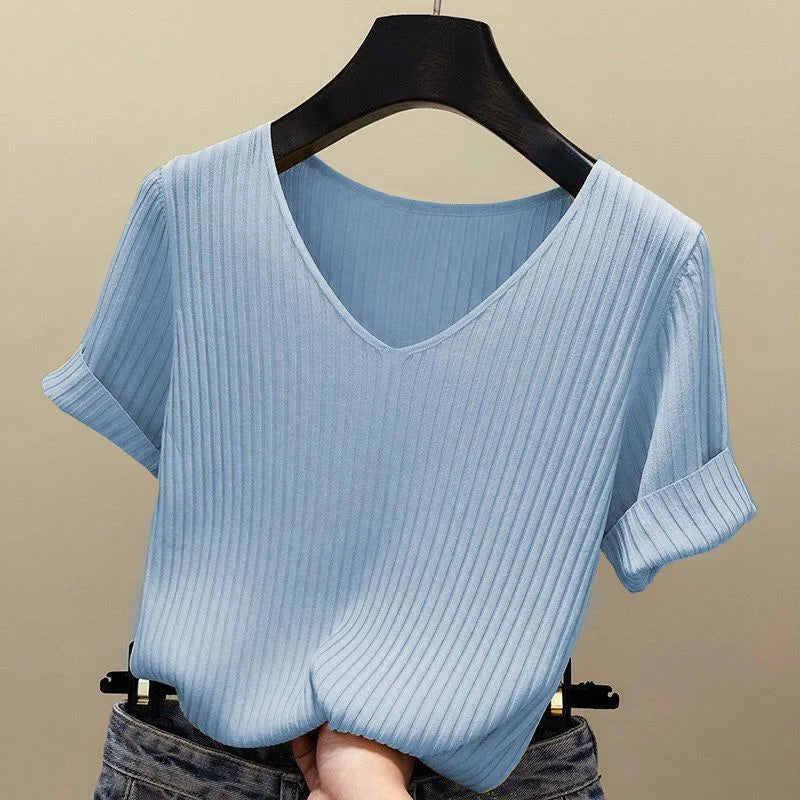 2025 New Summer V-neck Knitted Sweater Women's Short Sleeves Jumpers Pullovers Casual Slim Fit Knitwear Bottoming Shirt