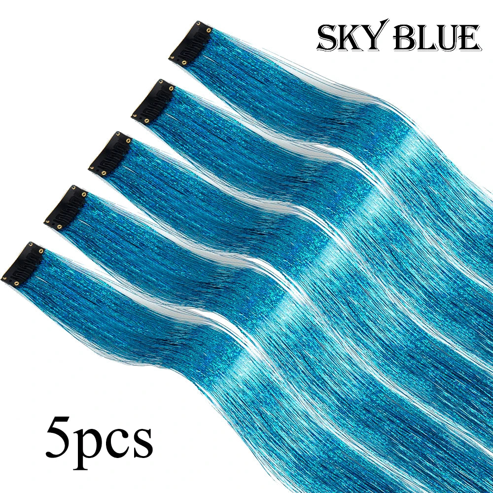 Silver Blue Rainbow Colored Hair Tinsel Clip In 19.5 Inch Fairy Hair Clip In Hair Tinsel Glitter Hair Extensions 5Pcs For Women