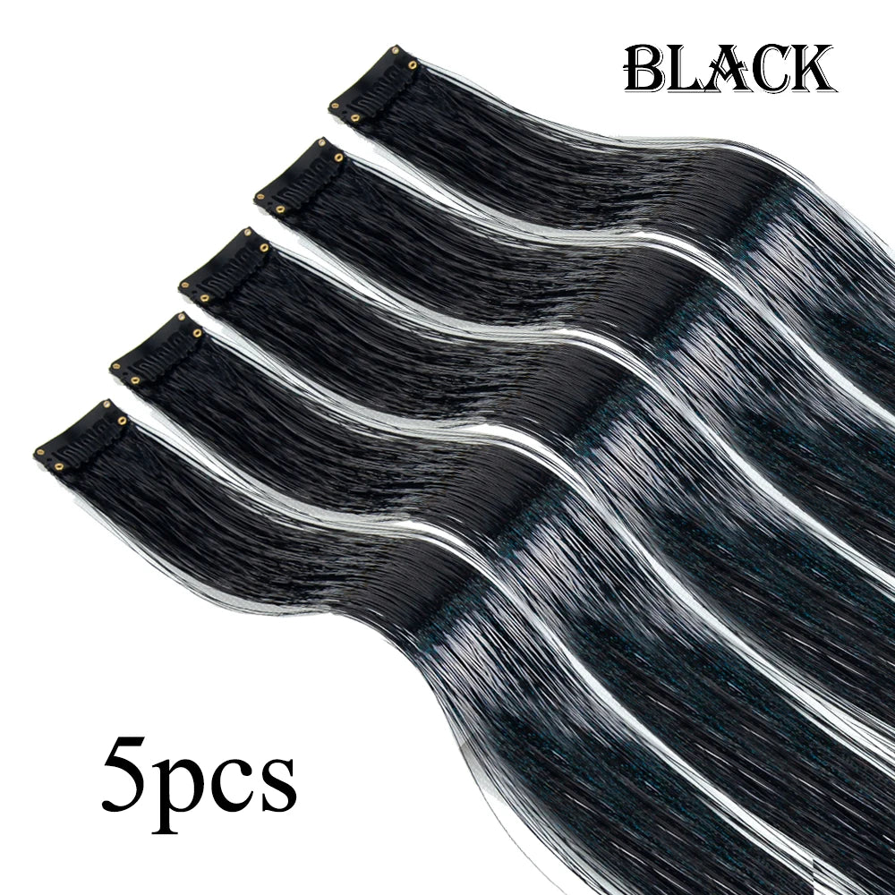 Silver Blue Rainbow Colored Hair Tinsel Clip In 19.5 Inch Fairy Hair Clip In Hair Tinsel Glitter Hair Extensions 5Pcs For Women