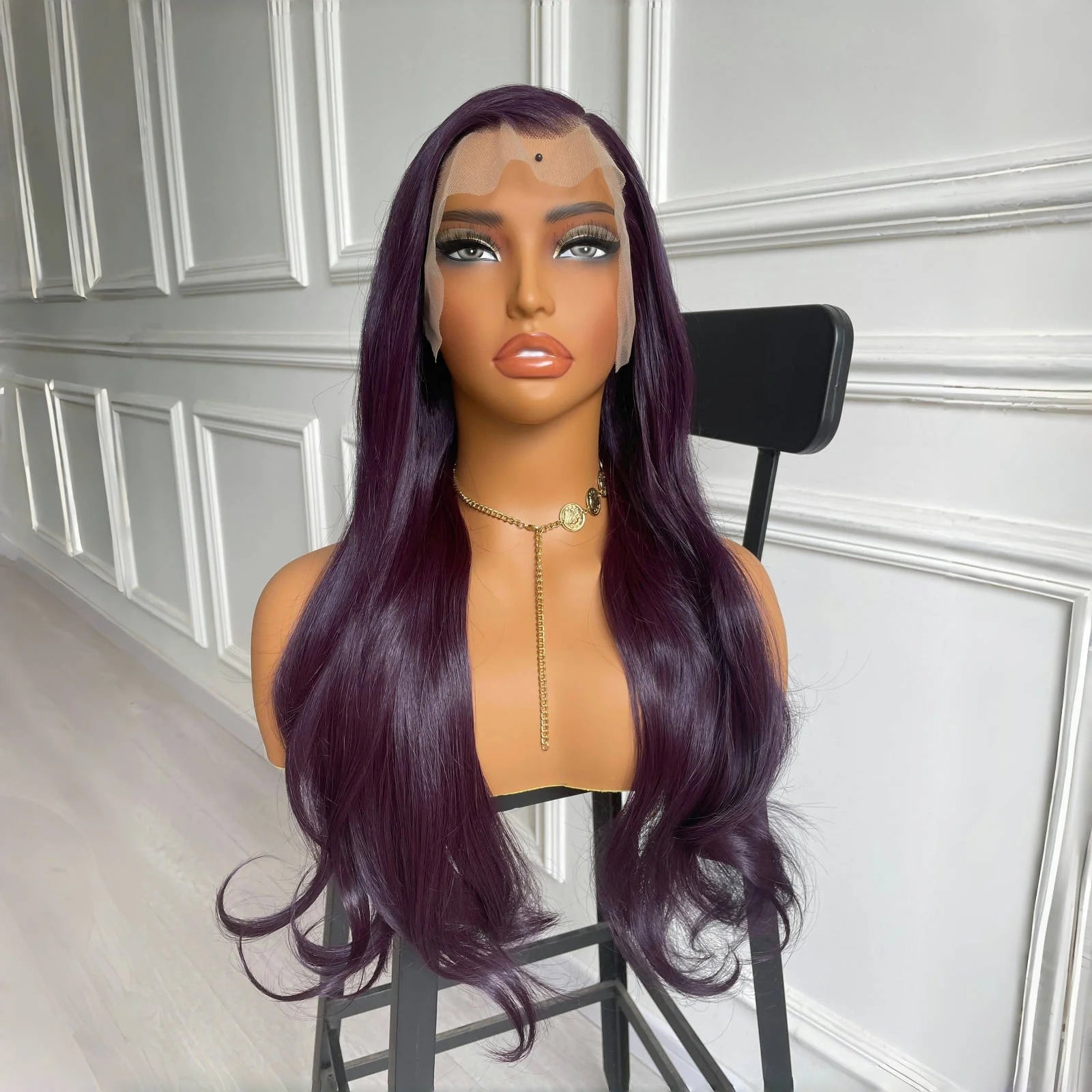 Dark Purple Wig Synthetic Hair Natural Wavy Lace Front Wig