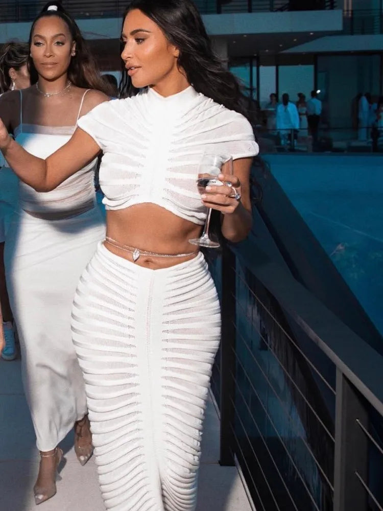 JRRY Sexy Women Knitted Set Crop Top Long Skirt Crochet Two Pieces Set Hollow Out Crocheted Beach Dress Set Cover Ups