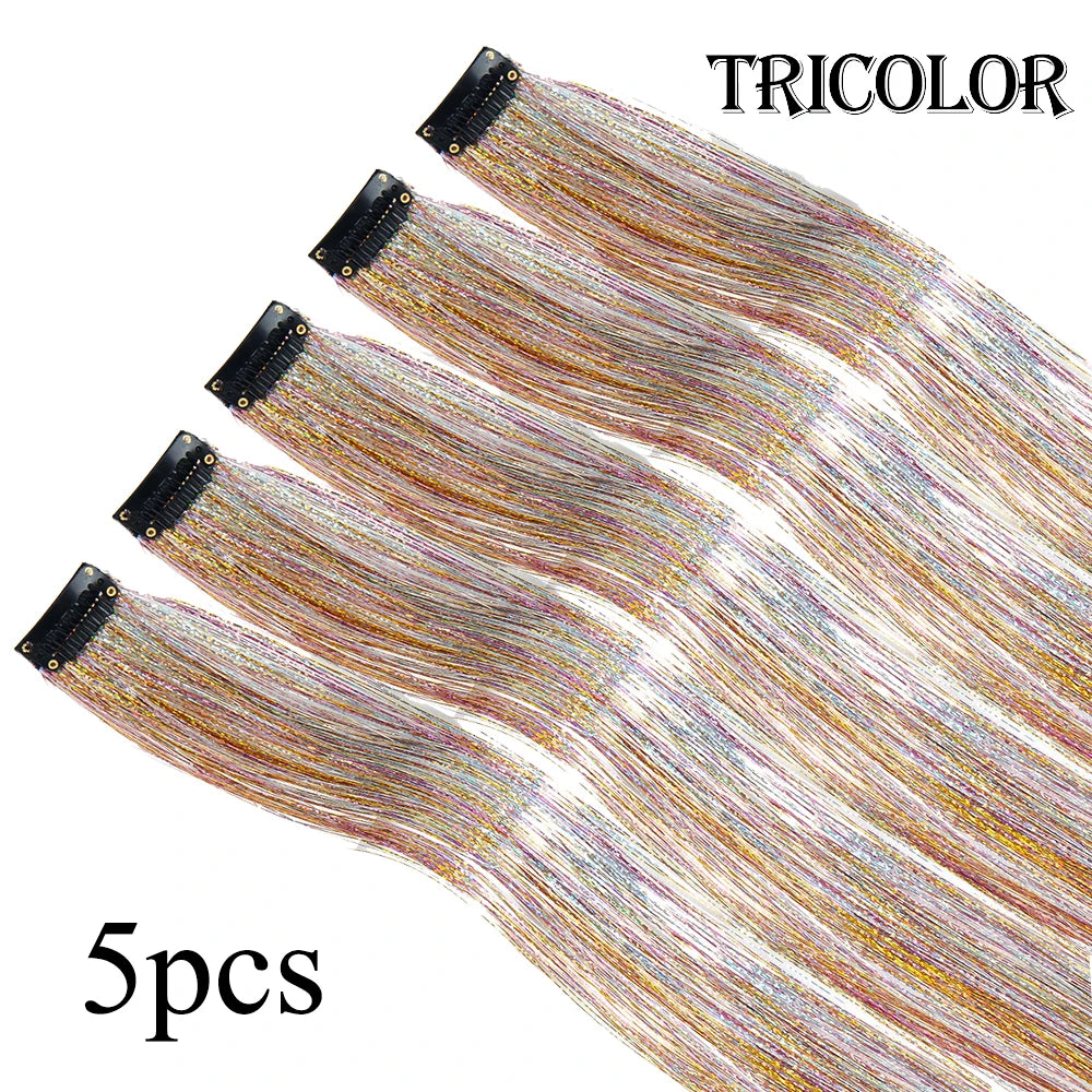Silver Blue Rainbow Colored Hair Tinsel Clip In 19.5 Inch Fairy Hair Clip In Hair Tinsel Glitter Hair Extensions 5Pcs For Women