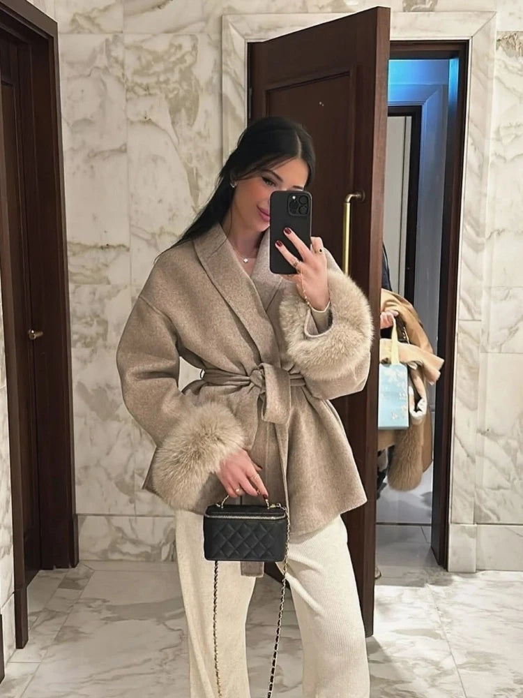 Fur Patchwork Woolen Short Coat Fashion New Autumn Winter Cardigan