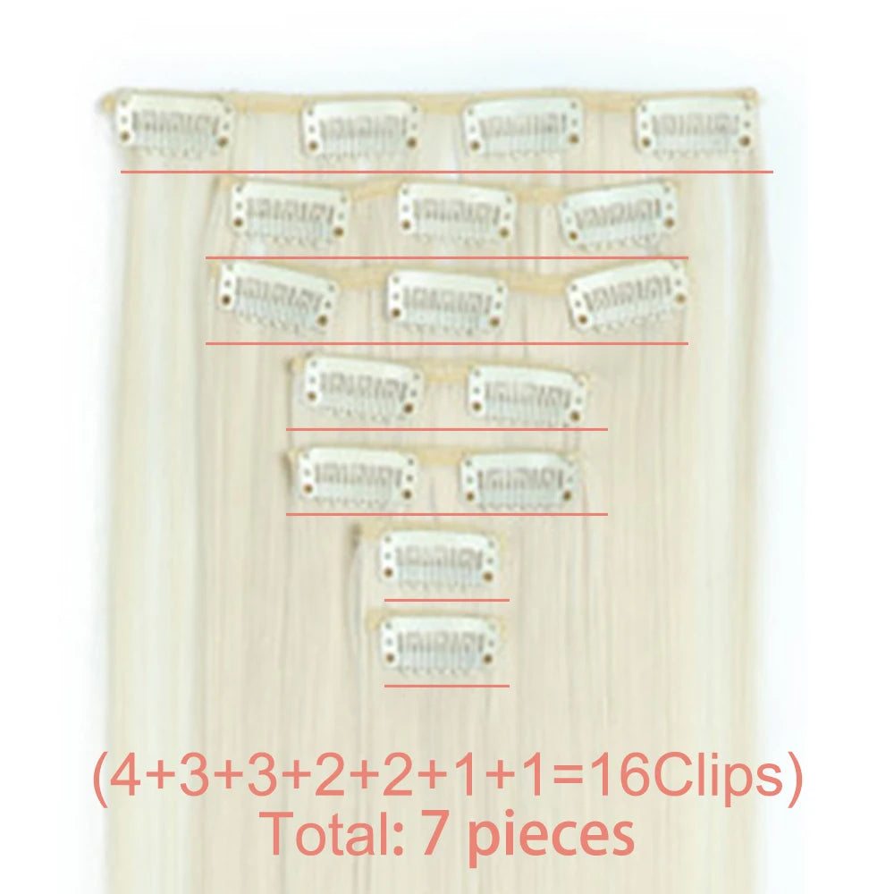 AZQUEEN Long Straight 16 Clip In Synthetic Hair Extensions 7Pcs/Set Natural Blonde Heat Resistant Hairpieces For Women