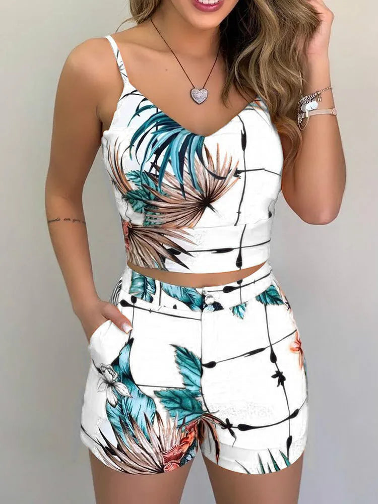 Women Fashion Summer Two Piece Set Sleeveless Floral Vest Shirts + Short