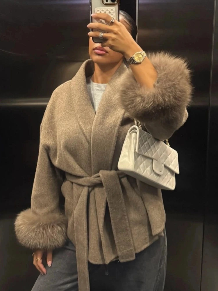 Fur Patchwork Woolen Short Coat Fashion New Autumn Winter Cardigan