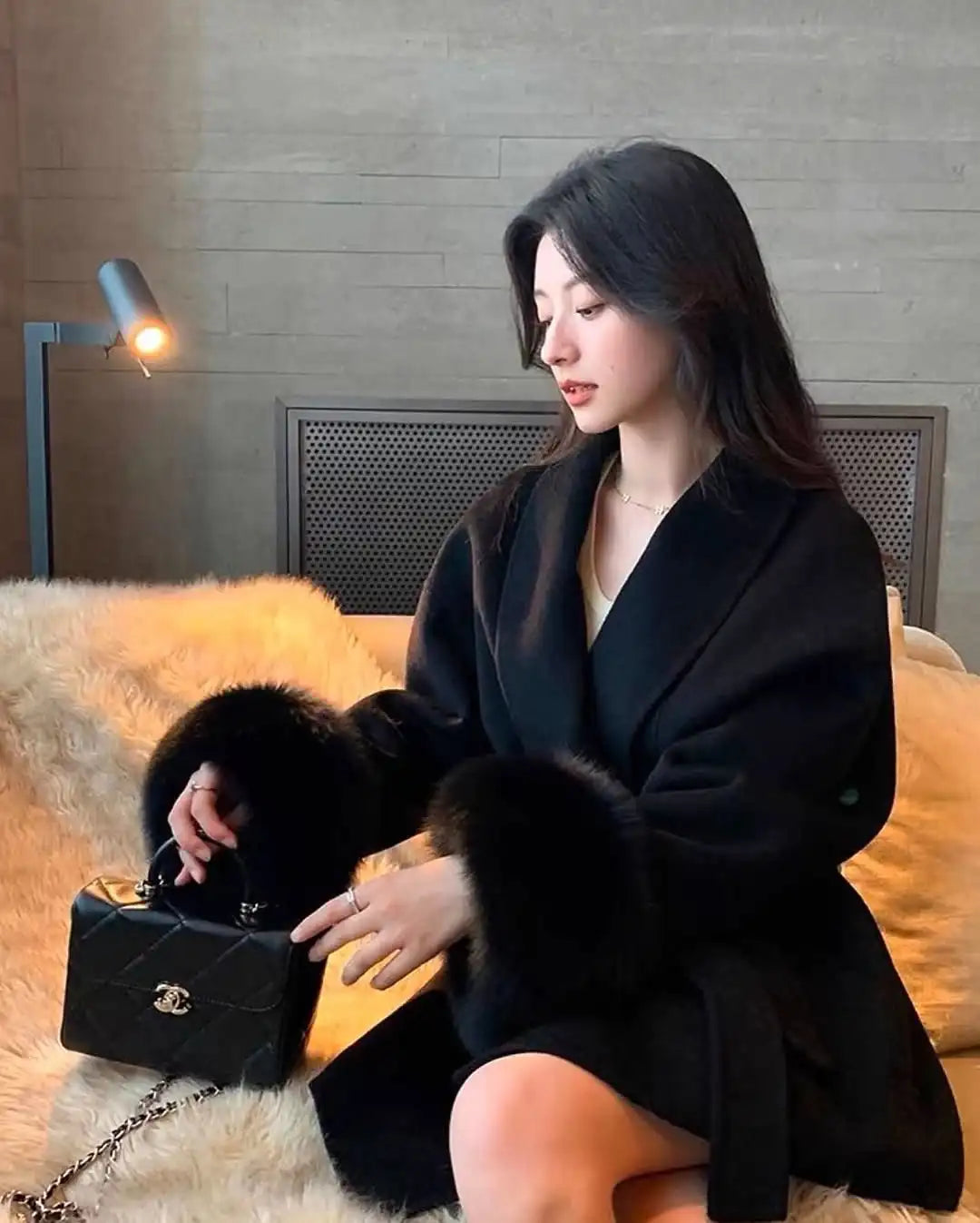 Fur Patchwork Woolen Short Coat Fashion New Autumn Winter Cardigan