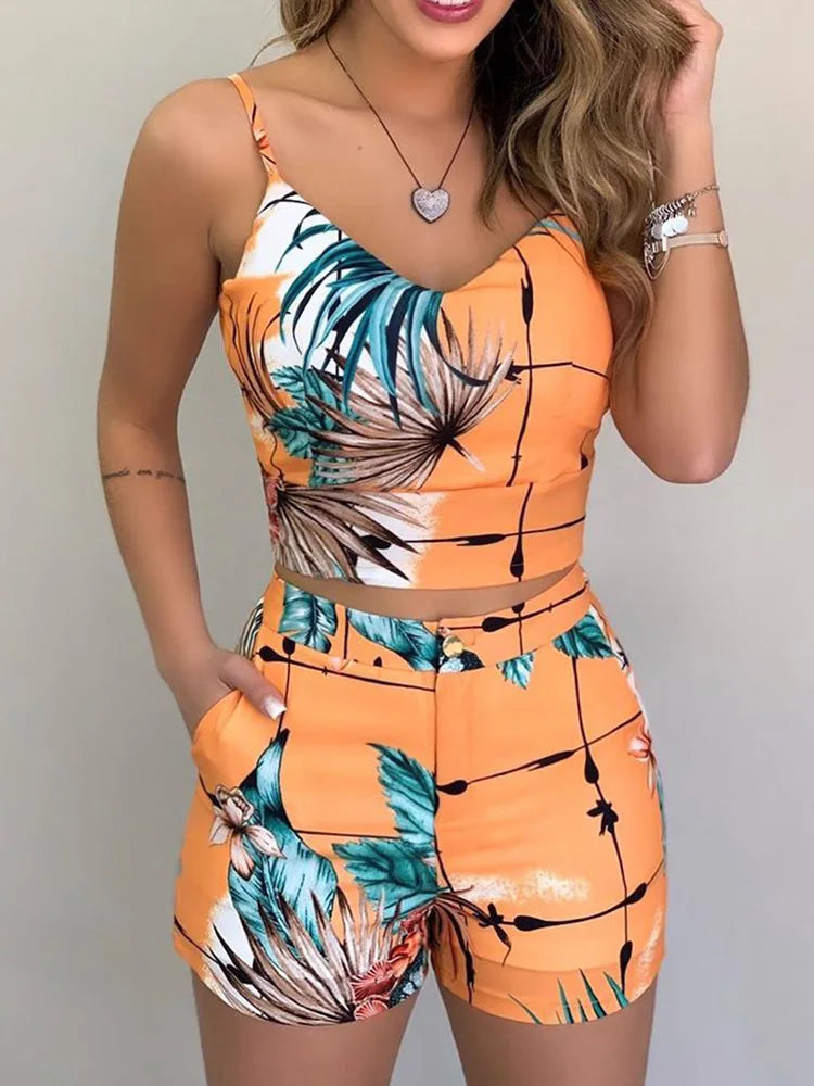 Women Fashion Summer Two Piece Set Sleeveless Floral Vest Shirts + Short