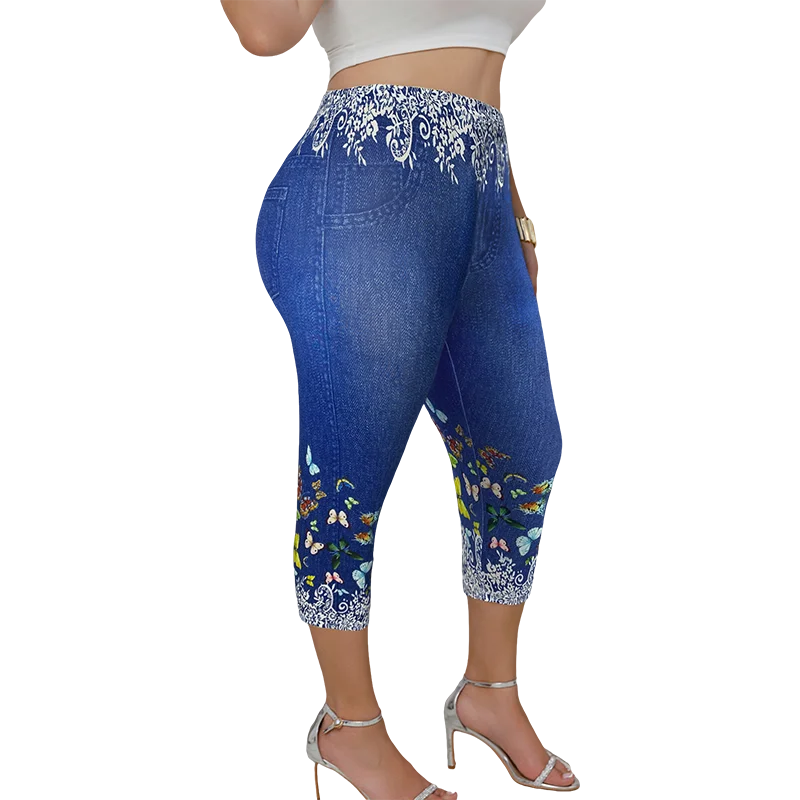 Plus Size Women's Capri Leggings with Butterfly Pattern Denim