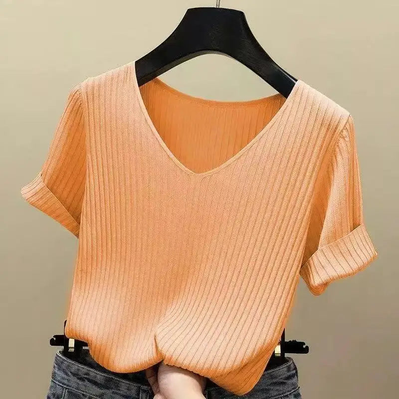 2025 New Summer V-neck Knitted Sweater Women's Short Sleeves Jumpers Pullovers Casual Slim Fit Knitwear Bottoming Shirt