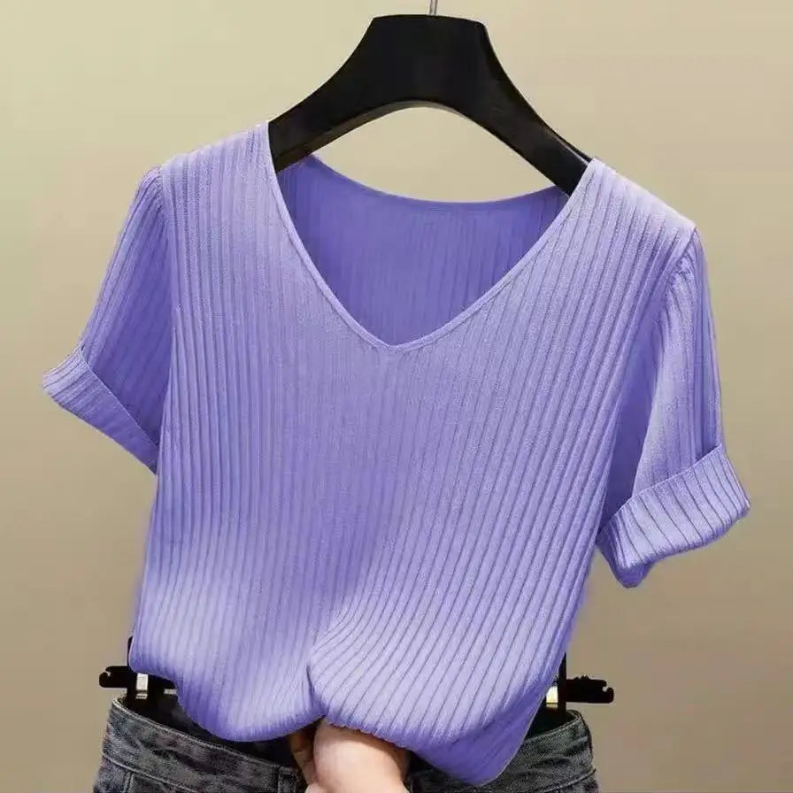 2025 New Summer V-neck Knitted Sweater Women's Short Sleeves Jumpers Pullovers Casual Slim Fit Knitwear Bottoming Shirt