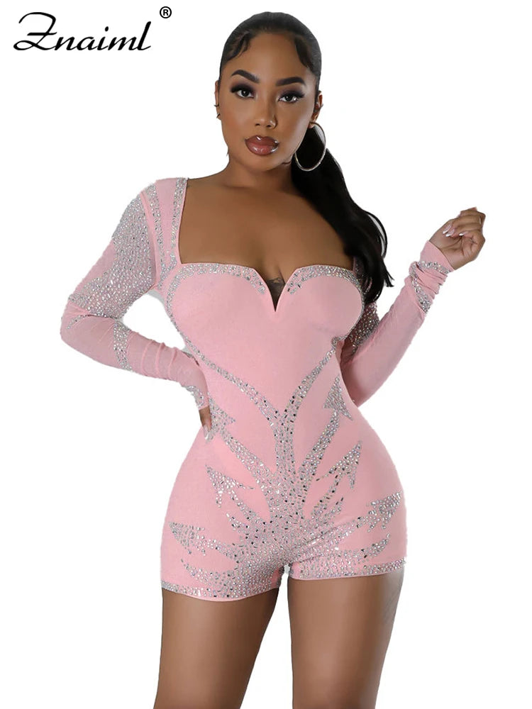 Znaiml Elegant Long Sleeve Playsuit Nightclub Rompers Birthday Outfits Woman Sparkly Diamonds Rhinestone Short Jumpsuits Luxury